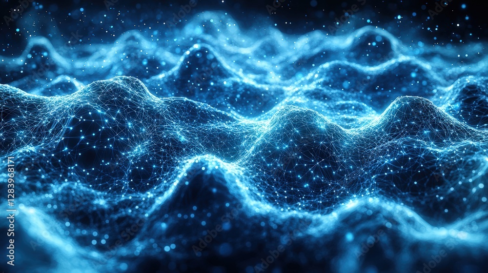 Poster blue and black background featuring an intricate pattern of light creating a striking visual effect