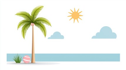 Obraz premium A relaxing beach scene featuring a tall palm tree, gentle waves, and a bright sun against a clear sky. Ideal for conveying summer vibes and peaceful retreats.
