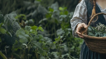A woman holds a basket full of fresh lettuce. Standing woman in a vintage dress. Big plants on the background. Harvest scene for organic food, farming, and healthy eating themes