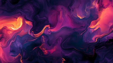 An abstract painting using swirling colors of magenta purple and orange