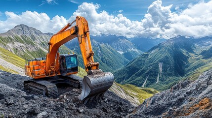 Orange excavator on mountainside, digging.