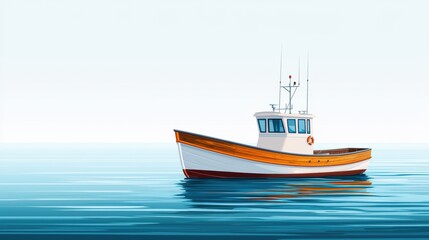 Fototapeta premium A serene view of a fishing boat gently floating on calm waters, surrounded by a tranquil atmosphere. The boat's vibrant colors stand out against the soft blue of the sea and sky.