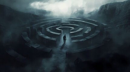 lone figure ancient labyrinthine structure