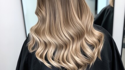 A close-up view of beautifully styled, wavy blonde hair cascading down the back, reflecting light and showcasing depth and texture.