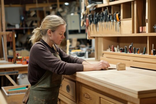 female carpenter in home workshop checking her furniture work
