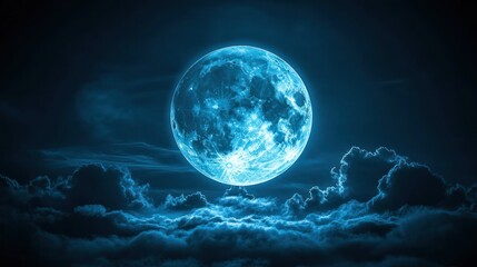 Majestic Blue Moon behind Dark Clouds at Night