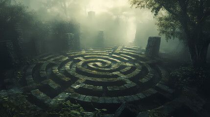 A maze protects the secrets of this haunted place. Ancient Forgotten Labyrinth. Illustration