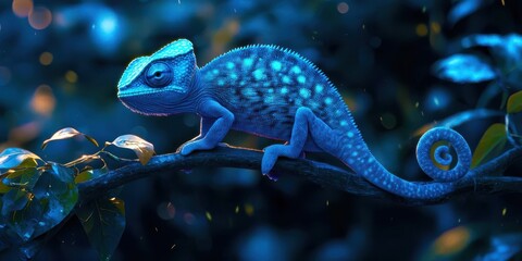 Obraz premium Blue and green chameleon is sitting on a branch