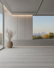 Modern interior design with large window showcasing city skyline at dusk