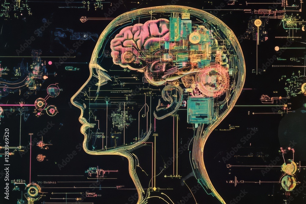 Leinwandbilder visualization of artificial intelligence mechanisms within a human head outline showcasing complex i