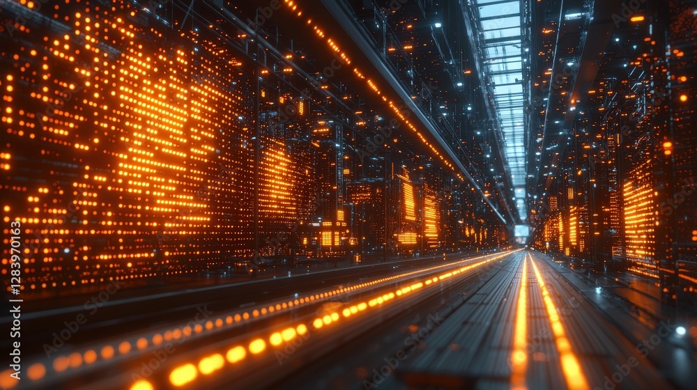 Poster futuristic tunnel with bright lights creating an illumination effect and a sense of depth and space