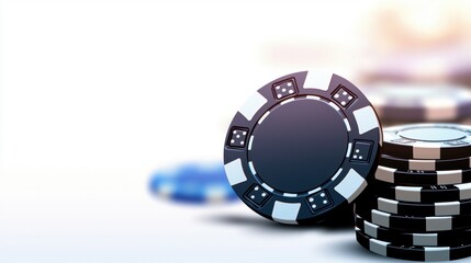 Close-up view of poker chips stacked on a table, symbolizing excitement and competition in gaming. Perfect for illustrating gambling, card games, and casino nightlife themes.