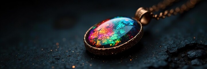 Ammolite pendant against contrasting dark background, shimmering, contrast, reflection
