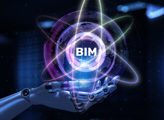 BIM Building Information Modeling Illustrated with a Robot Hand Pressing a Button on a Virtual Screen. 3D render.