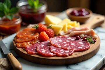 Obraz premium An assortment of cured meats on a marble surface, jams, rustic decor, cheese knife