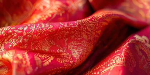Red and gold fabric with a pattern of leaves and flowers