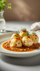 Gourmet Polish dumplings with sauce in modern kitchen, culinary delight