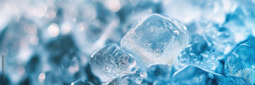 Leinwandbilder close up view of clear ice cubes glistening in soft light on a cold surface. generative ai