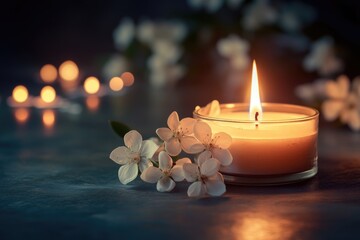 burning candlelight and white flowers tribute condolence memorial service announcement. with space for text an obituary, list of dead. Funeral concept