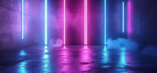 Smoke filling grunge room illuminated by blue and purple neon lights