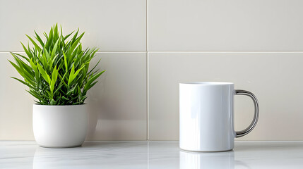 White mug mockup, plant, kitchen counter