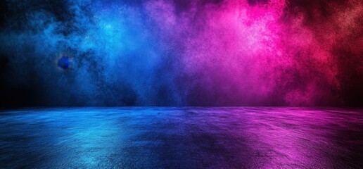 Empty concrete room with blue and pink smoke illuminated by spotlights
