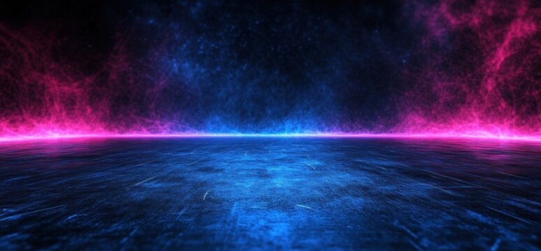 Futuristic sci-fi floor with glowing blue and pink neon lights and smoke