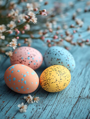 Obraz premium Colorful hand-painted Easter eggs on wooden table