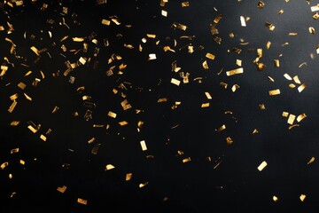 Gold confetti pattern on a black background wallpaper. Minimal black design space with floating gold confetti. Dark wallpaper background.