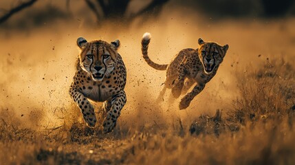 Cheetahs Running Together in Golden Grassland at Sunset Moment