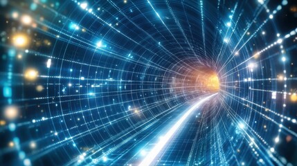Digital data flowing through futuristic cyberspace tunnel visualization