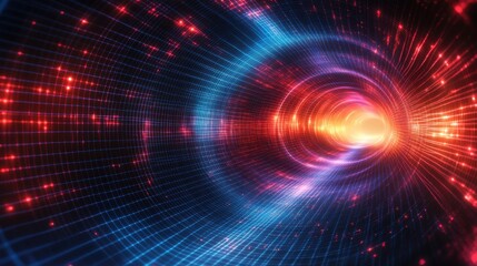Glowing digital tunnel rotating with red and blue lights