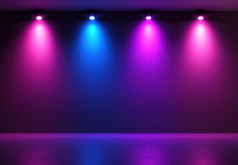 Colorful spotlights illuminating dark studio background for product placement