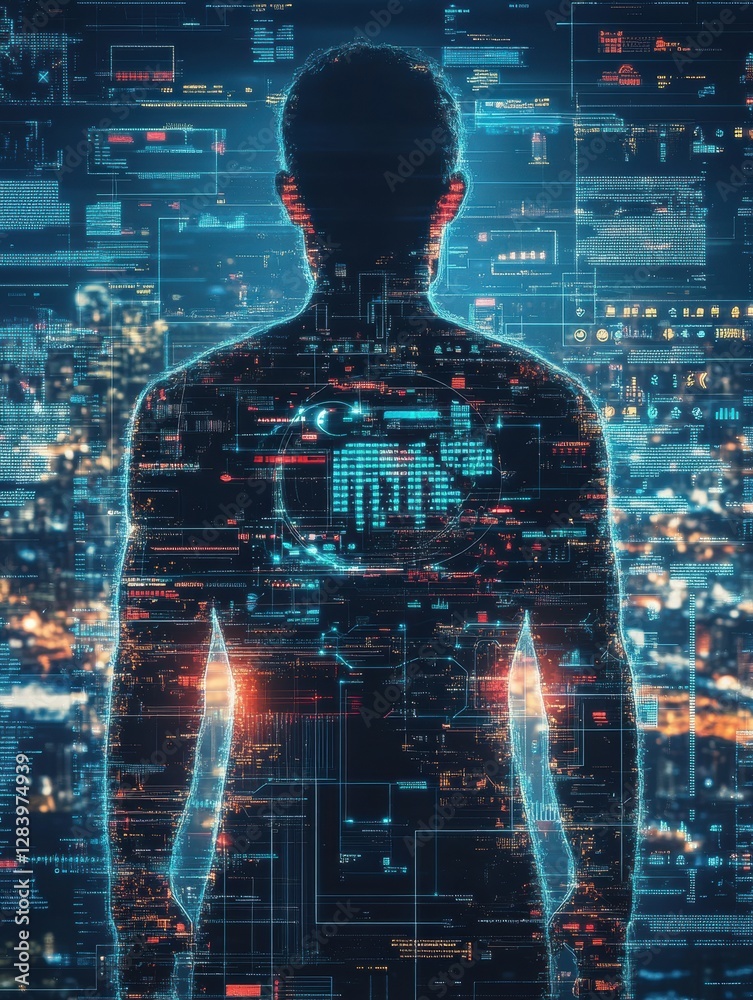 Aufkleber human silhouette filled with futuristic data visualizations symbolizes the intersection of technolog