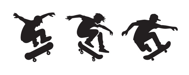 Skateboard boy jumping vector black silhouette lineart logo icon, sports isolated on white background