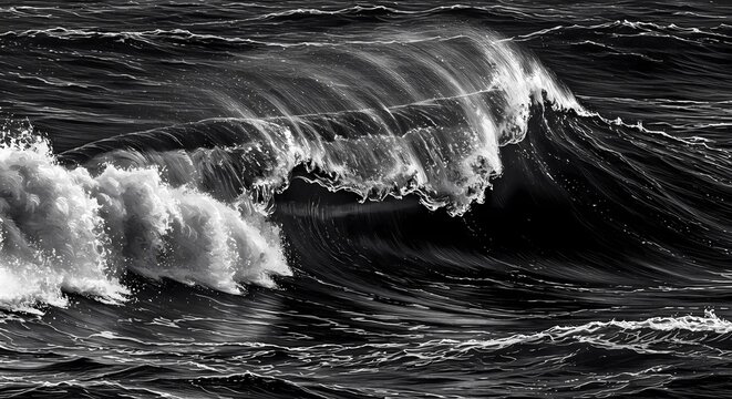 Dramatic Ocean Wave with Swirling Foam, Showcasing the Power and Beauty of the Sea, Black and White Sketch Engraving, Scratch Board Imitation, Raster Illustration