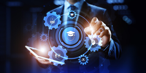 E-learning Online learning distance education concept. Businessman pressing button on screen.