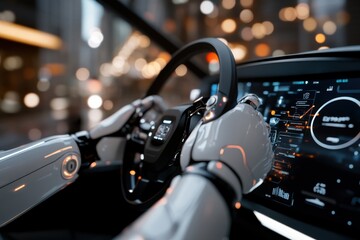 A close-up view of a robotic driver engaging with the dashboard, representing the rise of autonomous driving technology in urban environments and modern transport.