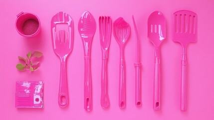 A flat lay of pink gardening tools, such as gloves, trowels, and seed packets, artistically placed on a bright pink background.