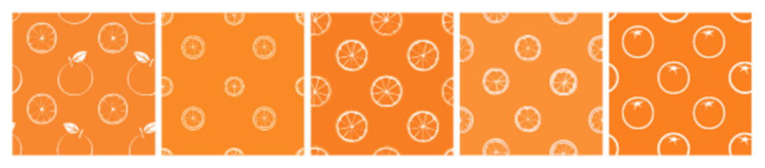 5 seamless orange themed patterns featuring fruit and slices in minimalist design.