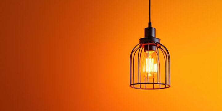 Light fixture with a wire cage hanging from a ceiling