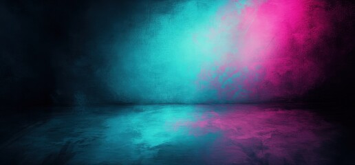 Empty room with grunge concrete floor and pink and blue neon lights reflecting