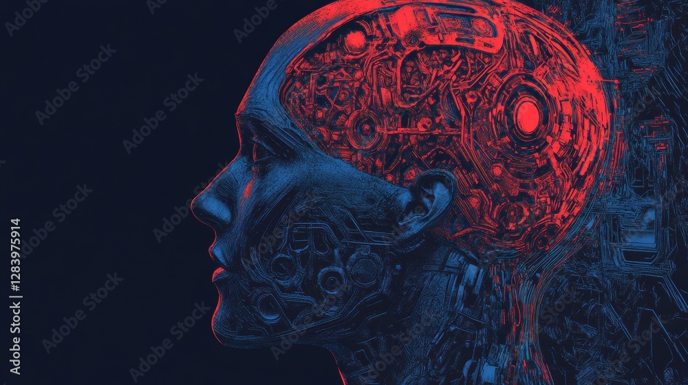 Poster human head outline merging with ai technology featuring intricate cybernetic details in a futuristic