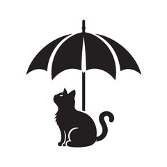 cute cat sitting on umbrella vector black silhouette lineart logo icon, kitten animal isolated on white background