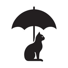 cute cat sitting on umbrella vector black silhouette lineart logo icon, kitten animal isolated on white background