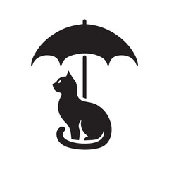 cute cat sitting on umbrella vector black silhouette lineart logo icon, kitten animal isolated on white background