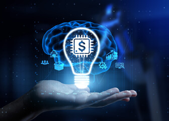 FinTech Financial Technology Transforming Financial Services and Innovation with Human Hand Holding Lamp Hologram.