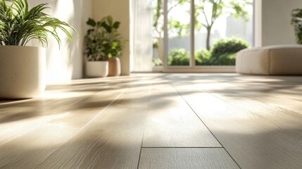 Fototapeta premium A sunlit interior featuring wooden flooring and potted plants, creating a serene and inviting atmosphere.