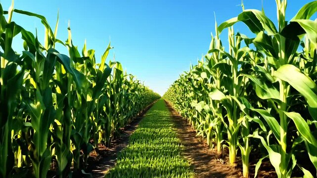 Lush green cornfield landscape under sunny blue sky, showcasing rows of healthy corn plants in natures vibrant agriculture.