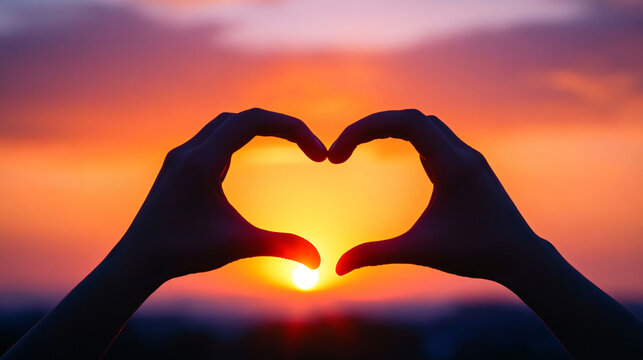 Silhouette of two hands forming a heart shape against a sunset background - Powered by Adobe